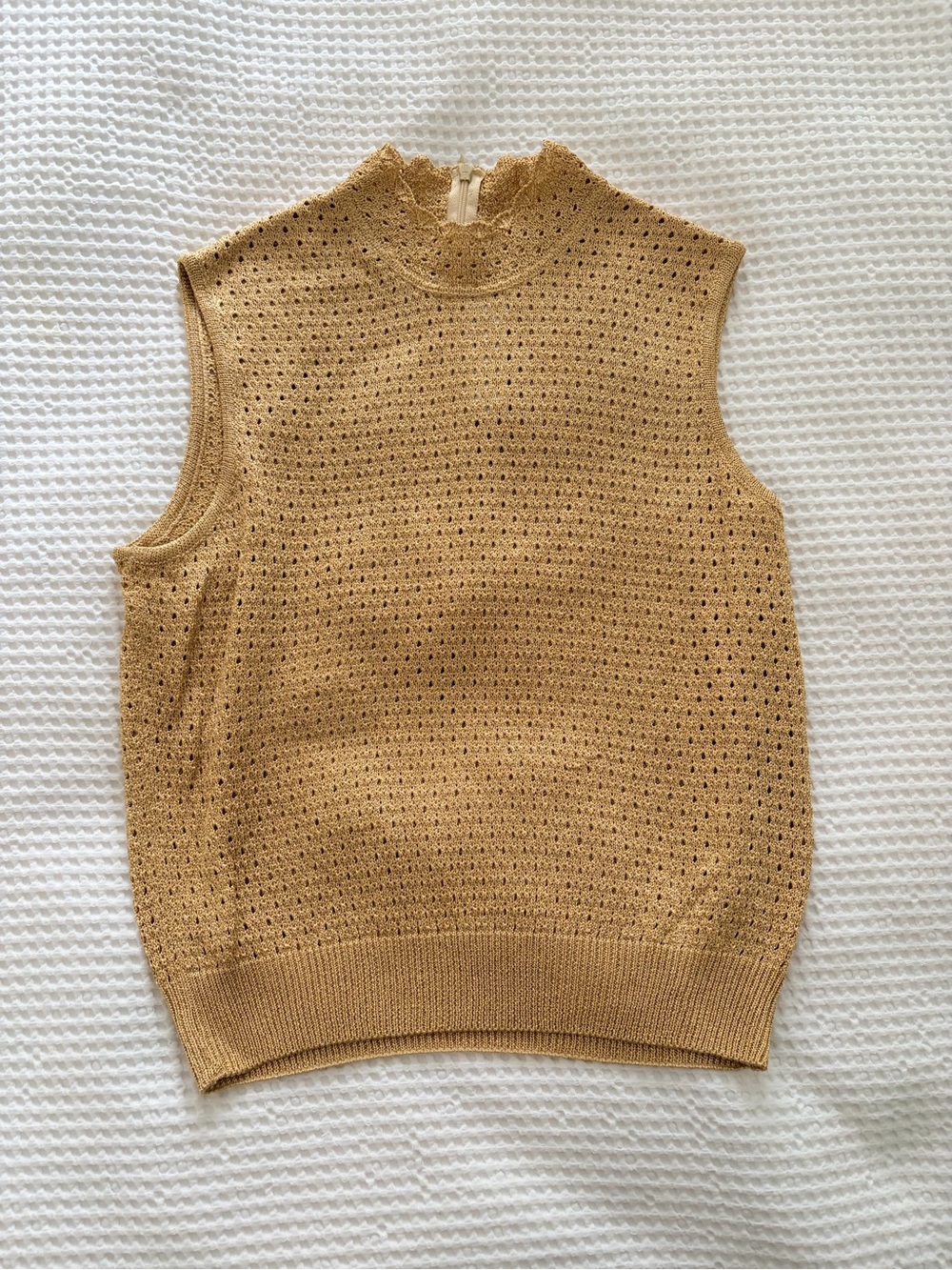 St. John Sleeveless Open-Knit Gold Turtleneck